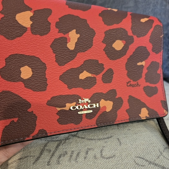 Coach Anna Foldover Crossbody Clutch in the Bright Poppy Red Leopard Print - Picture 9 of 16